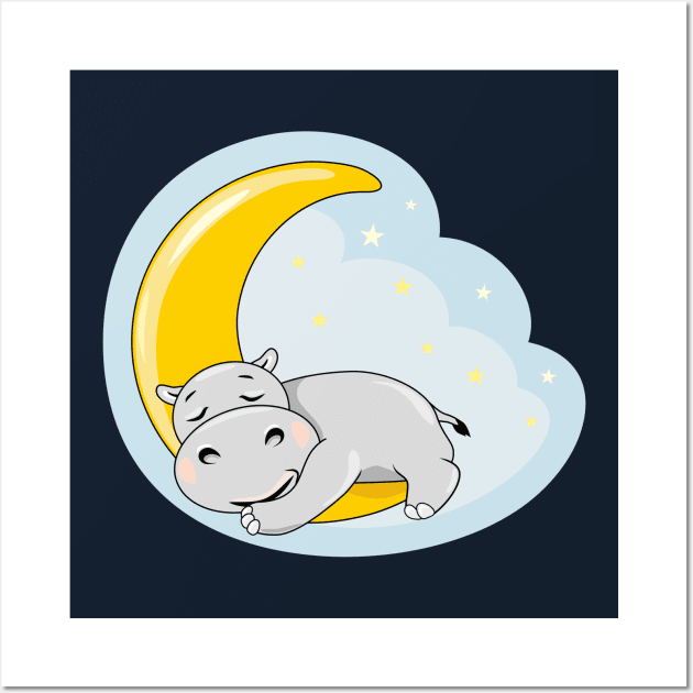 Cute sleeping hippo on the moon Wall Art by teddy2007b